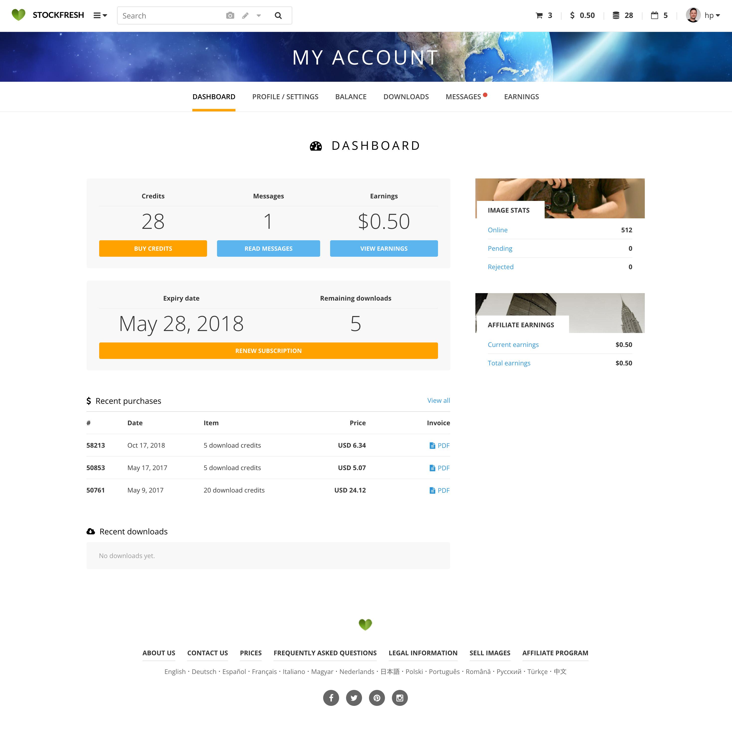 Stockfresh - My account page