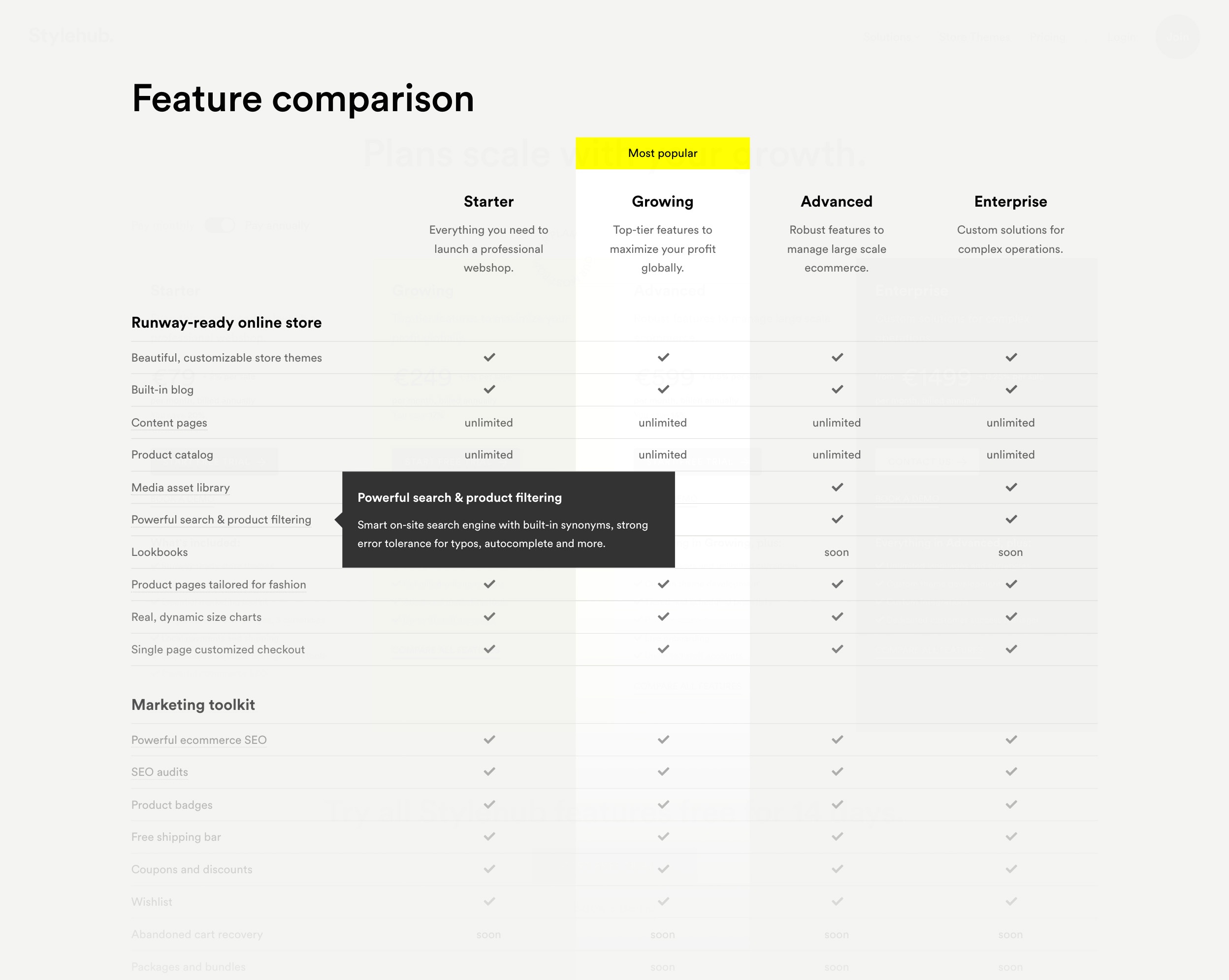 Stylehub - Pricing feature comparison